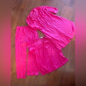 VTG Vanity Fair 3 Piece PJ & Robe Set Pajamas Pants Shirt Robe Deep Pink sz M